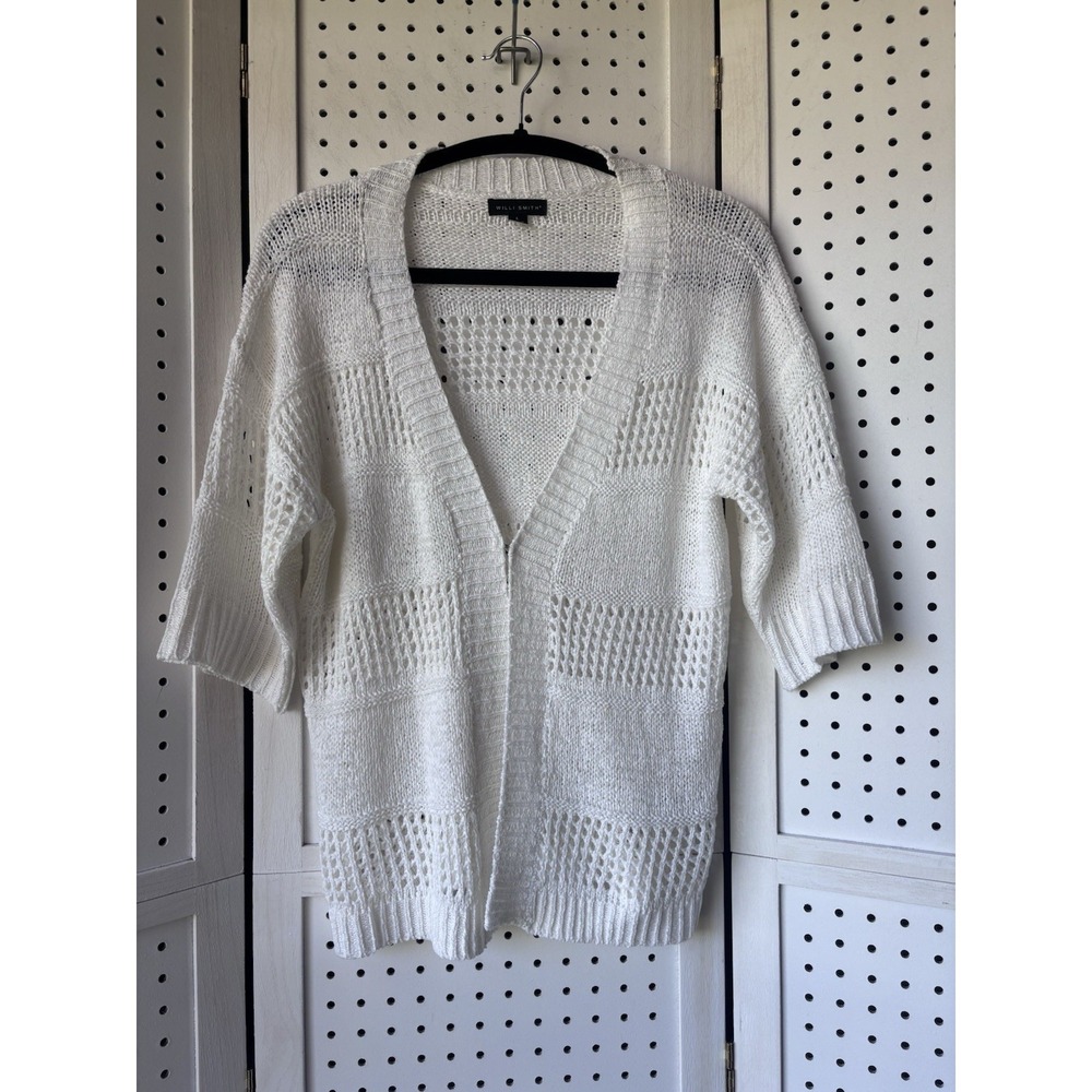 Willi Smith Womens Lg Open Knit Crochet Half SLV Cardigan Sweater Boho Beachy‎